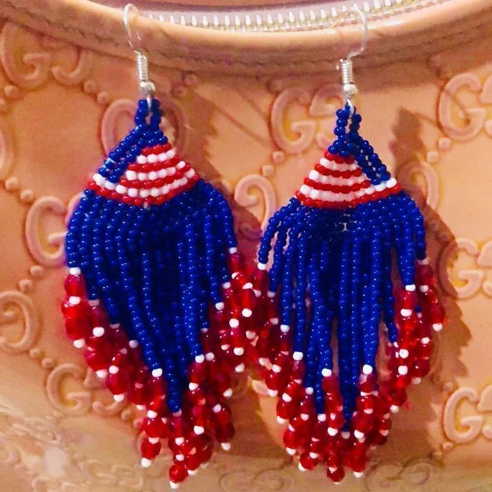 Patriotic flag Fourth of July seed bead earrings